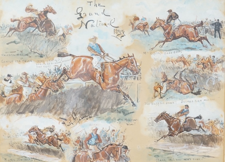 George Finch Mason (1850-1915), ‘The Grand National 1899, Manifest Wins!’, signed, horse racing interest watercolour, 26 x 35cm